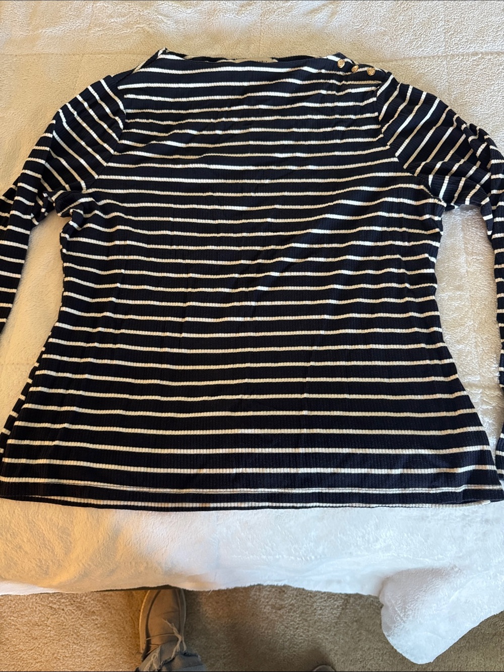 Classic Navy and White Striped Long-Sleeve Boatneck top with button detail